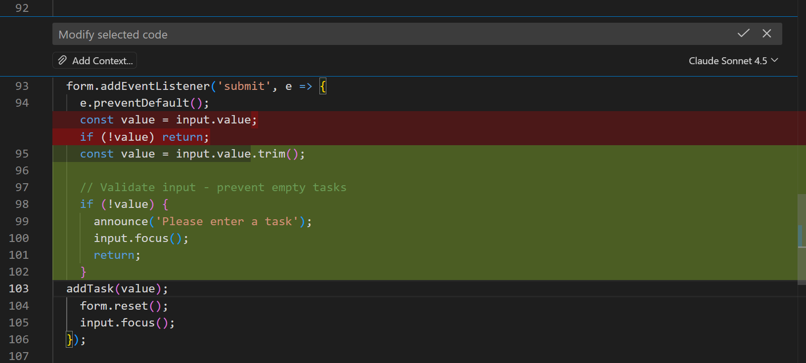 VS Code のインラインチャットでコード修正を依頼